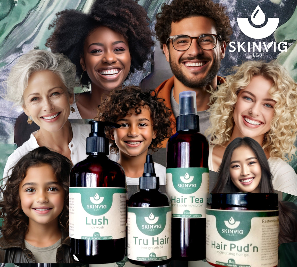 Skinvig's haircare product line displayed with multicultural  people showing how diverse a product line we are.