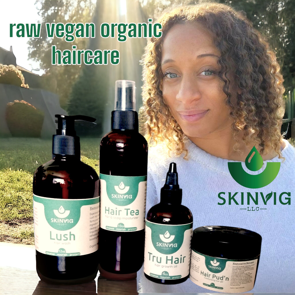 woman smiling after using skinvig hair pud'n to set her hair. She is truly happy. The hair care set includes Lush Har Wash, Hair Tea, Tru Hair Oil and Hair Pud'n. A complete set!